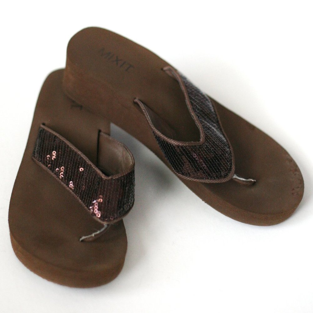 Mix It brown sequin wedge flip flops sandals